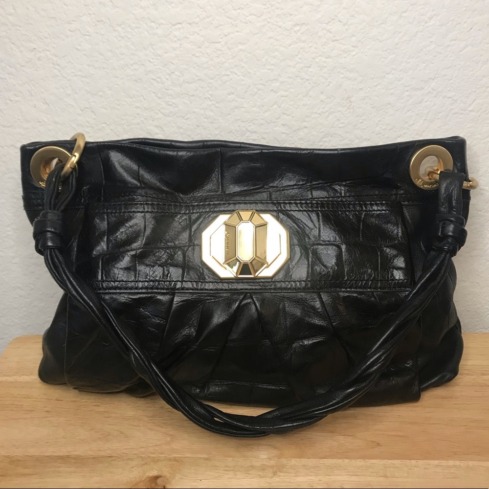 B Makowski Black Tuen Lock Embossed Leather Bag